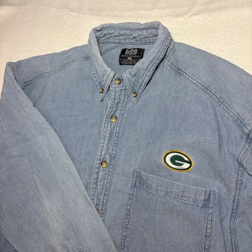 VTG Lee Sport Green Bay Packers Embroidered Denim Button Up‎ Shirt Men's Size L